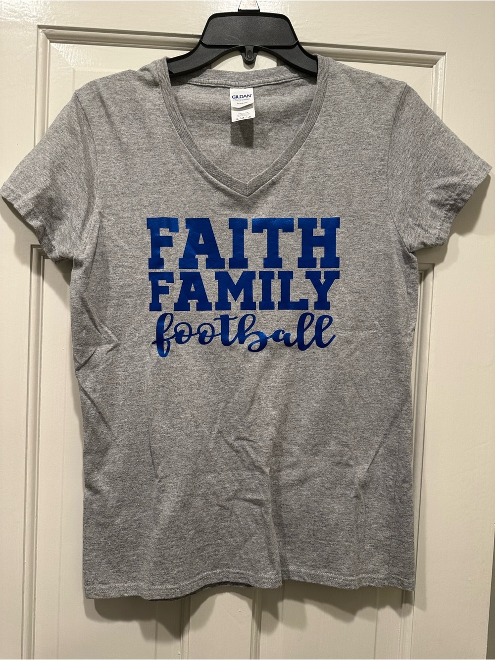 Gildan Gray V-Neck Tee with Blue "Faith Family Football" Graphic